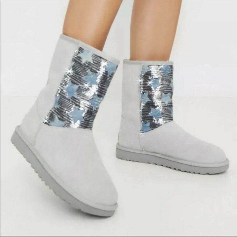 🤍UGG Boots light grey suede & silver sequin tops✨